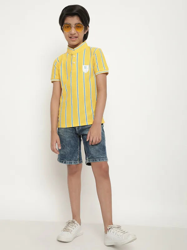 Octave Boys Vertical Striped Mandarin Collarâ Cotton T-Shirt