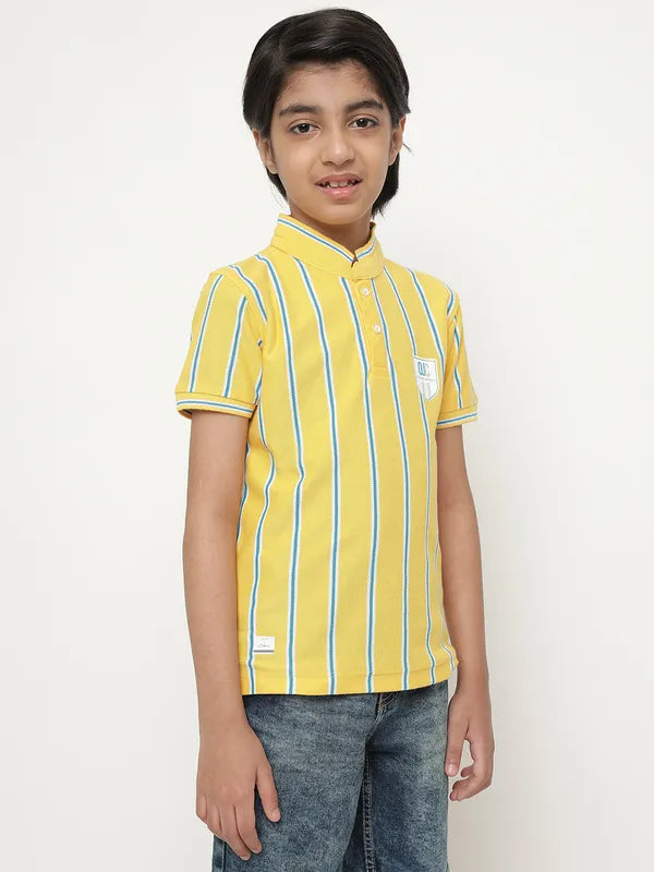 Octave Boys Vertical Striped Mandarin Collarâ Cotton T-Shirt