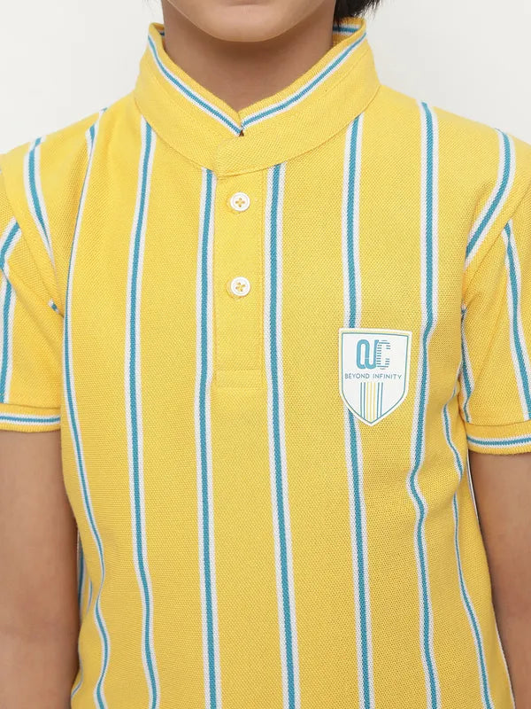 Octave Boys Vertical Striped Mandarin Collarâ Cotton T-Shirt