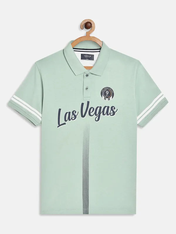 Octave Boys Olive Green Typography Polo Collar Applique T-Shirt