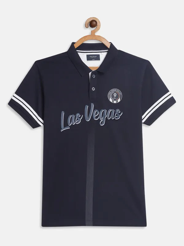 Octave Boys Navy Blue Typography Polo Collar Applique T-Shirt