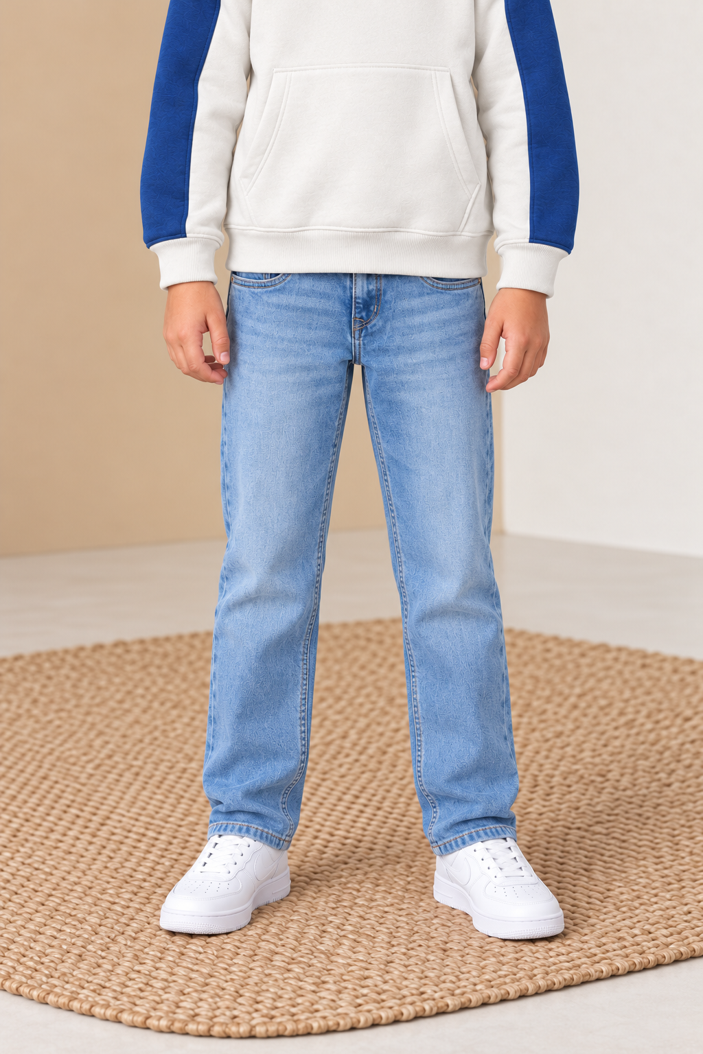 Junior Boy Sky Blue Straight Fit Jeans – Mid-Rise Washed Denim with Five Pockets