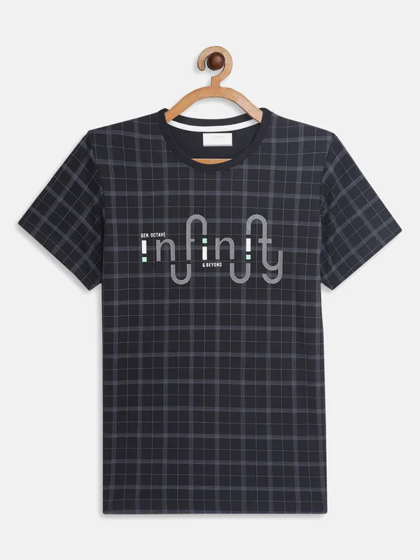Octave Boys Navy Blue Checked Applique T-Shirt