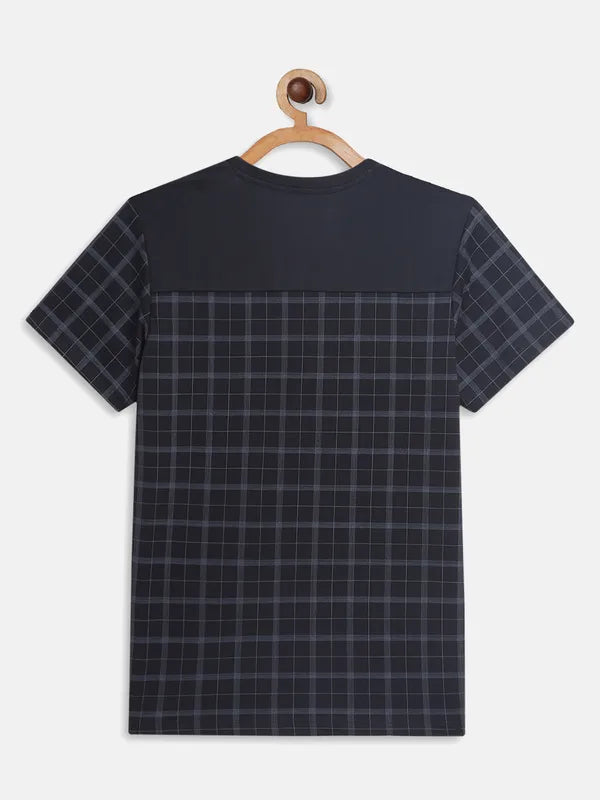 Octave Boys Navy Blue Checked Applique T-Shirt
