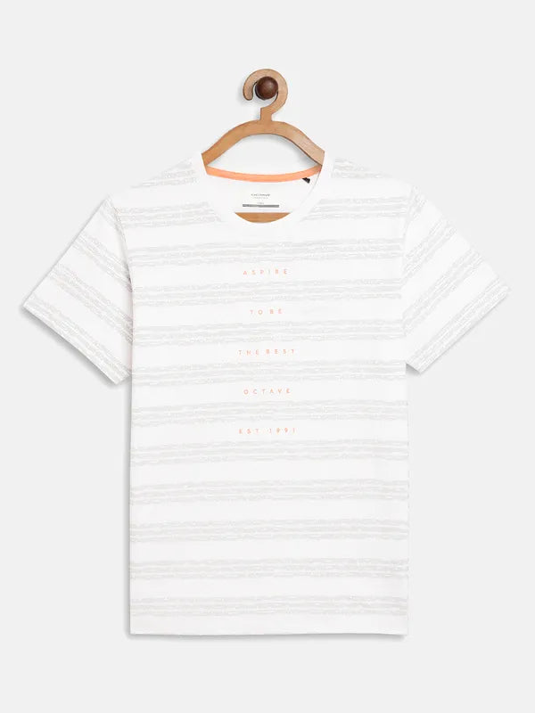 Octave Boys White Typography Striped V-Neck T-Shirt
