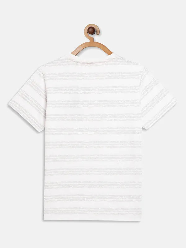Octave Boys White Typography Striped V-Neck T-Shirt
