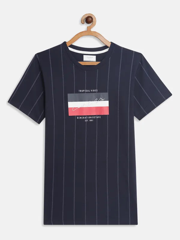 Octave Boys Navy Blue Striped T-Shirt