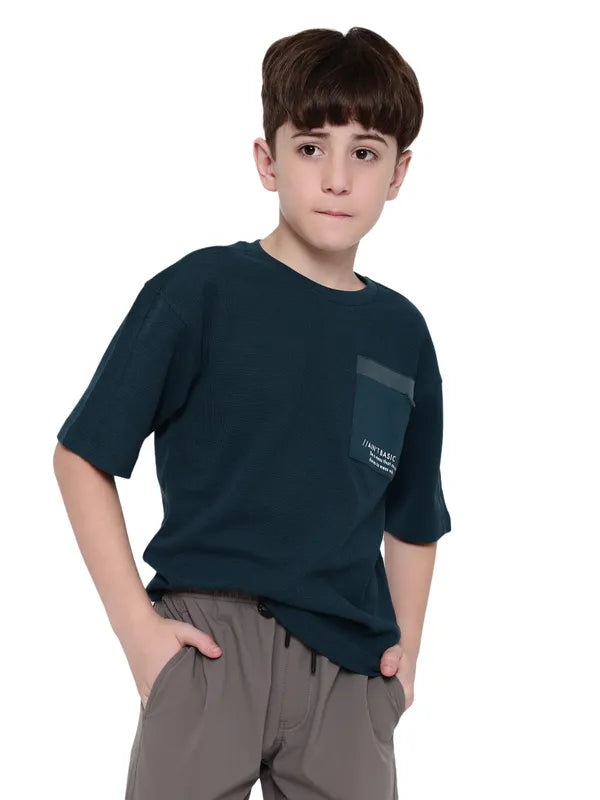 Octave Boy Solid Round Neck Drop Shoulder Sleeves Pockets T-Shirt