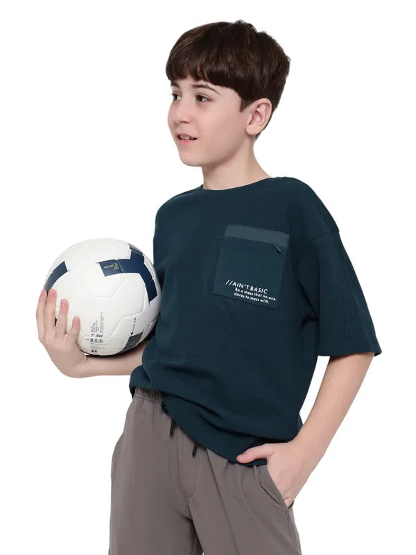 Octave Boy Solid Round Neck Drop Shoulder Sleeves Pockets T-Shirt