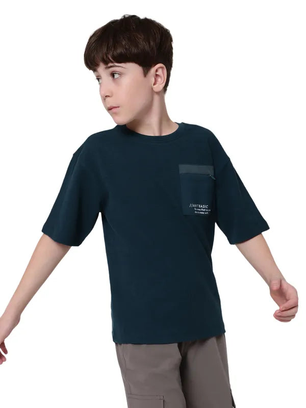 Octave Boy Solid Round Neck Drop Shoulder Sleeves Pockets T-Shirt