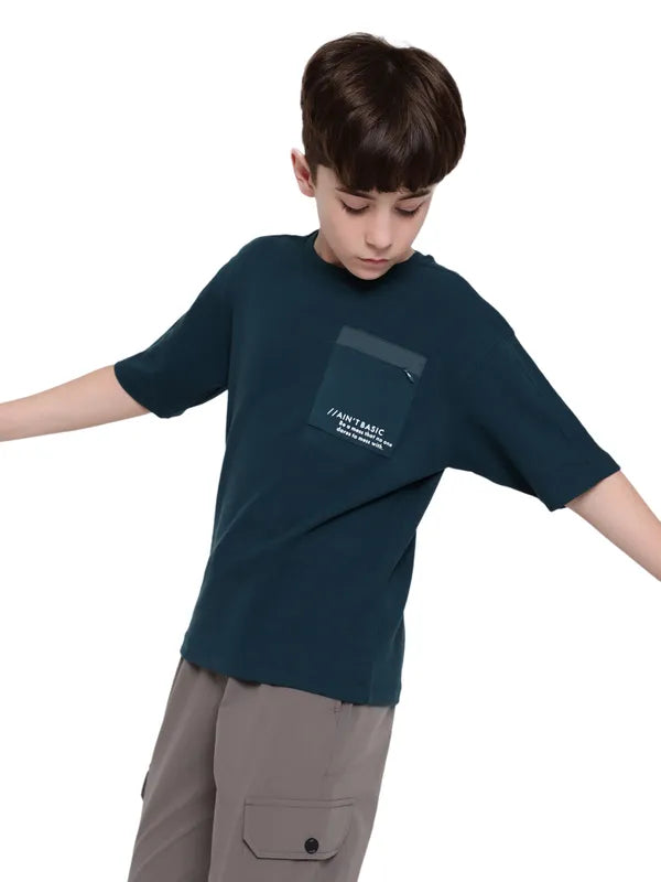 Octave Boy Solid Round Neck Drop Shoulder Sleeves Pockets T-Shirt