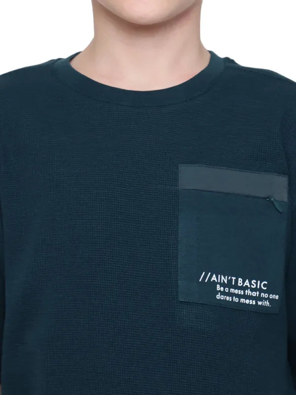 Octave Boy Solid Round Neck Drop Shoulder Sleeves Pockets T-Shirt