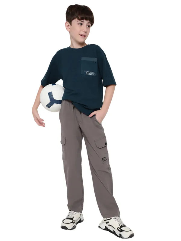Octave Boy Solid Round Neck Drop Shoulder Sleeves Pockets T-Shirt
