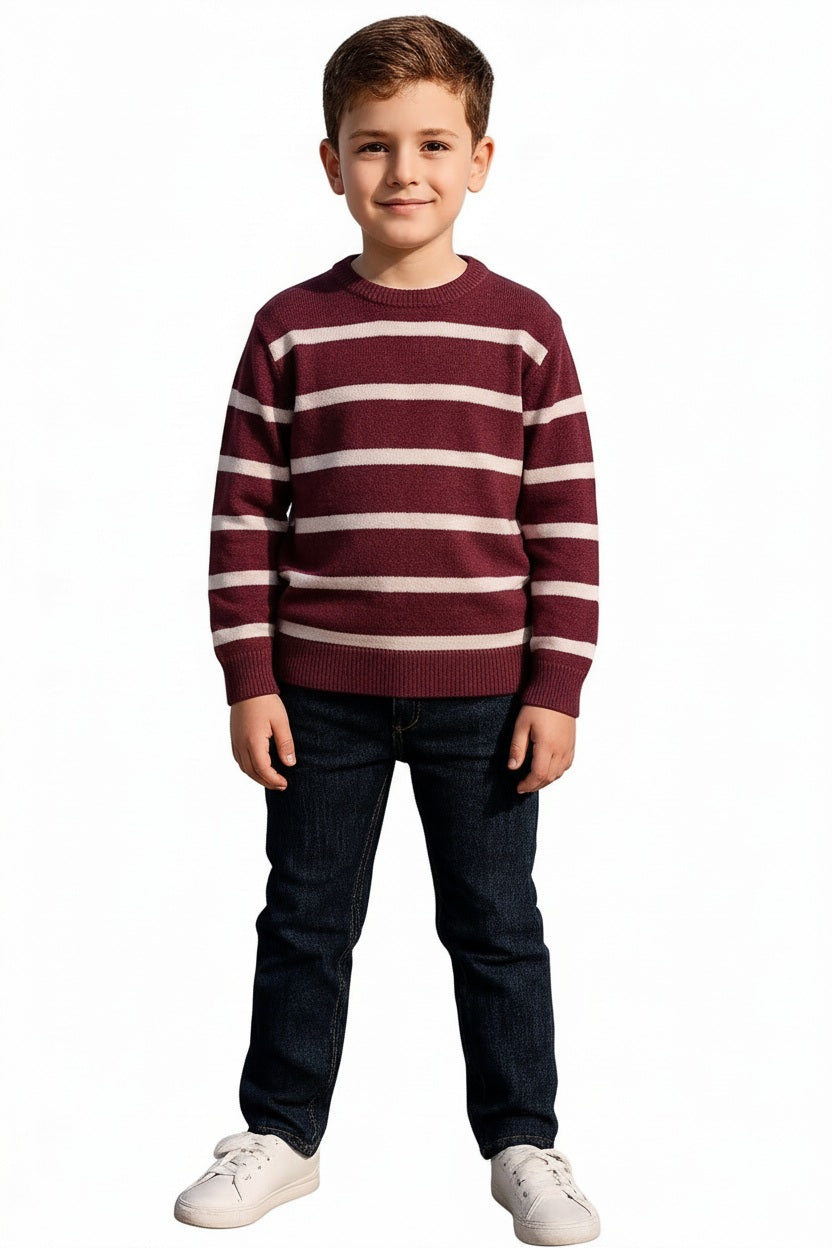 Boys Round Neck Striped Pullover Sweater
