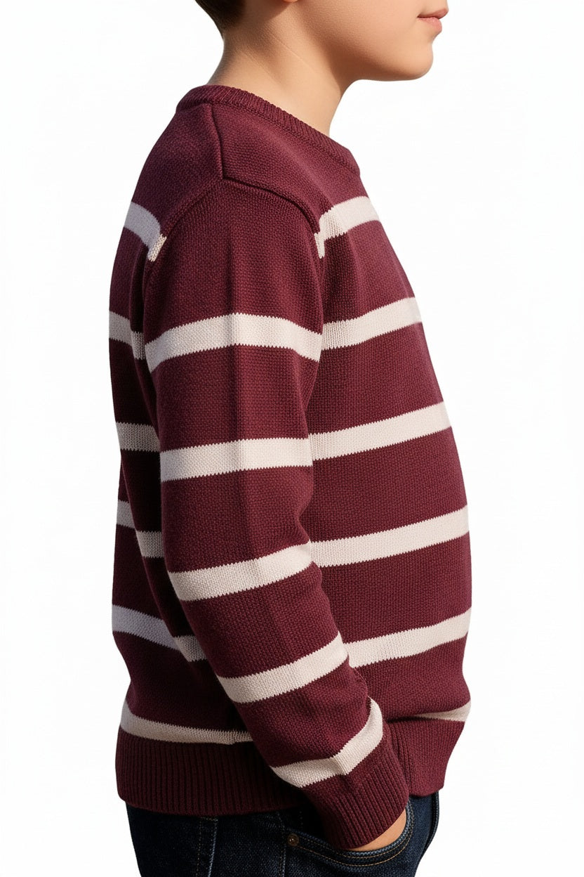 Boys Round Neck Striped Pullover Sweater