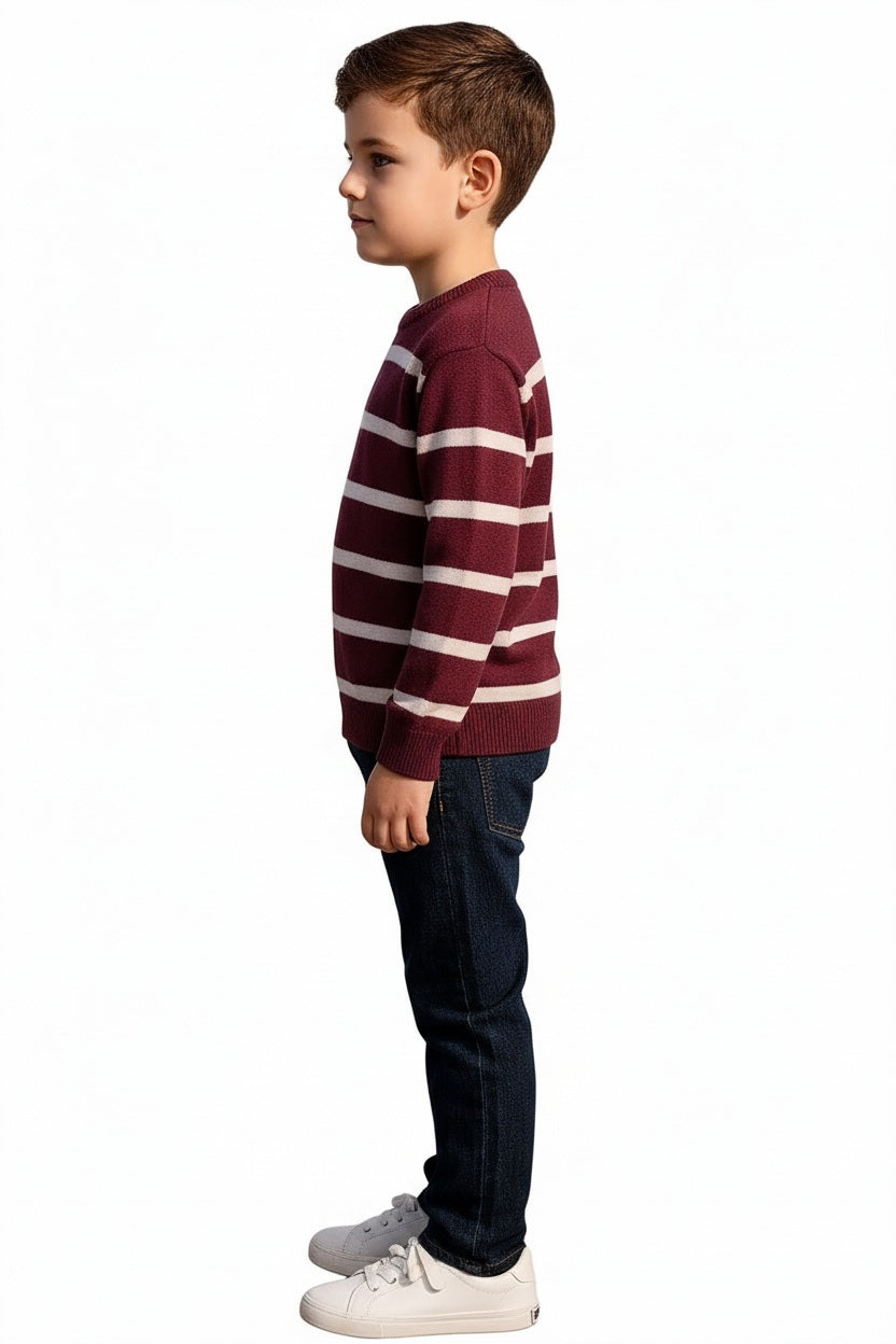 Boys Round Neck Striped Pullover Sweater
