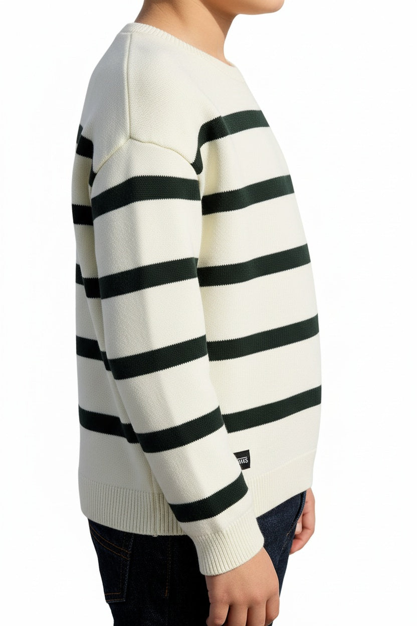 Boys Round Neck Striped Pullover Sweater