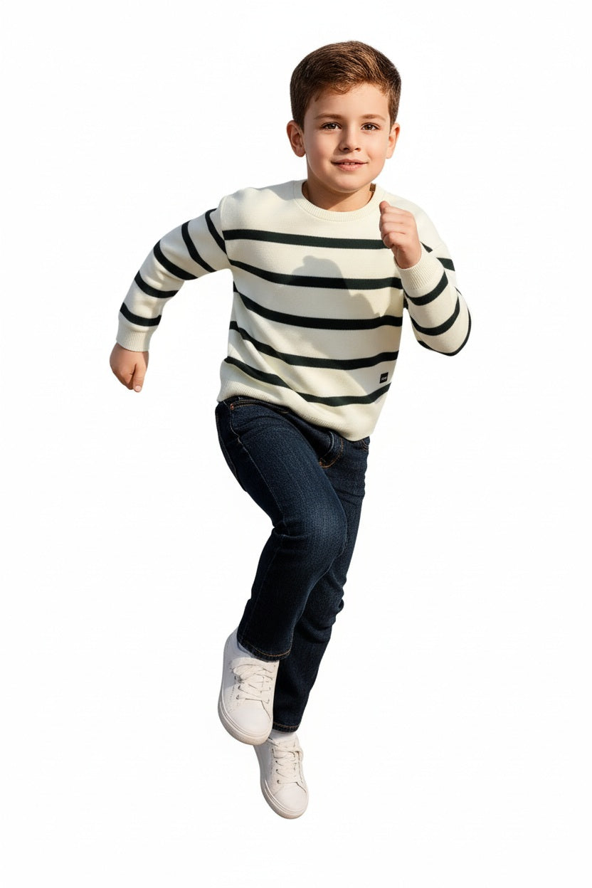 Boys Round Neck Striped Pullover Sweater