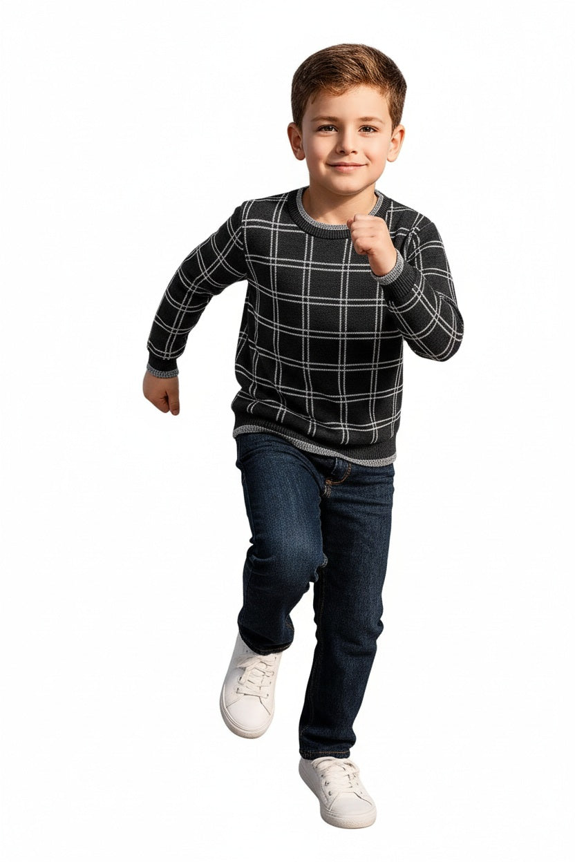 Boys Round Neck Checked Pullover Sweater