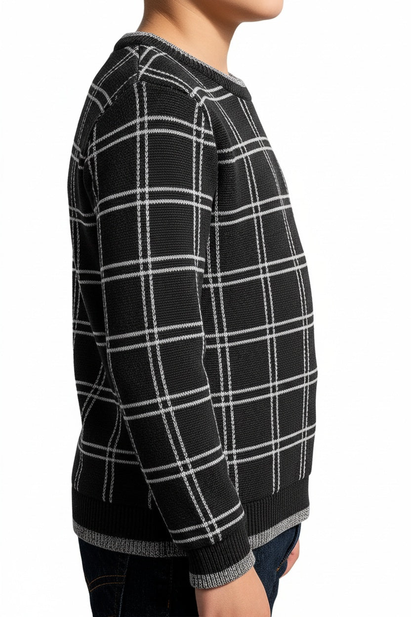 Boys Round Neck Checked Pullover Sweater