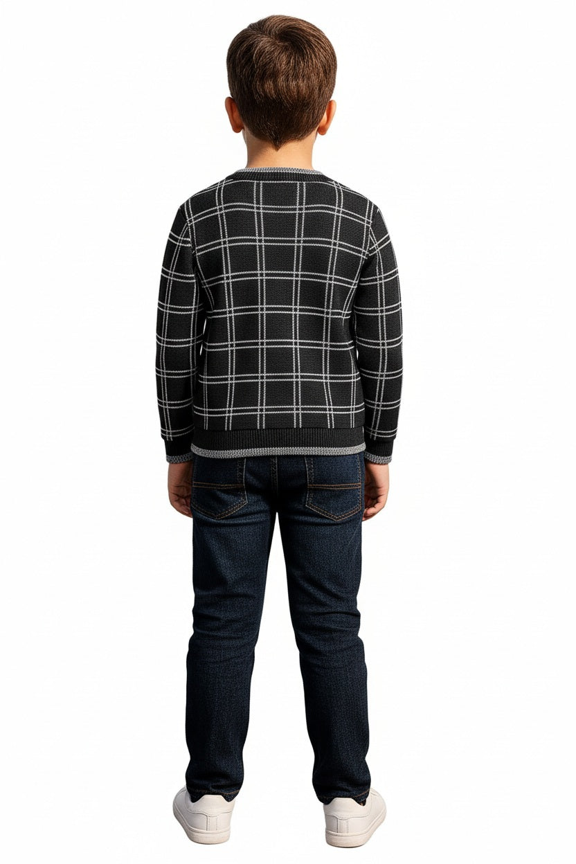 Boys Round Neck Checked Pullover Sweater