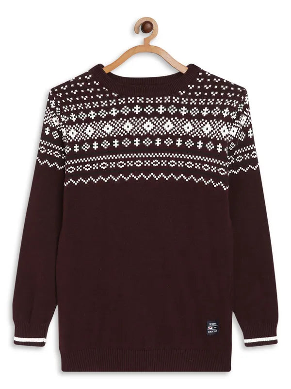 Octave Boys Burgundy White Printed Cotton Pullover