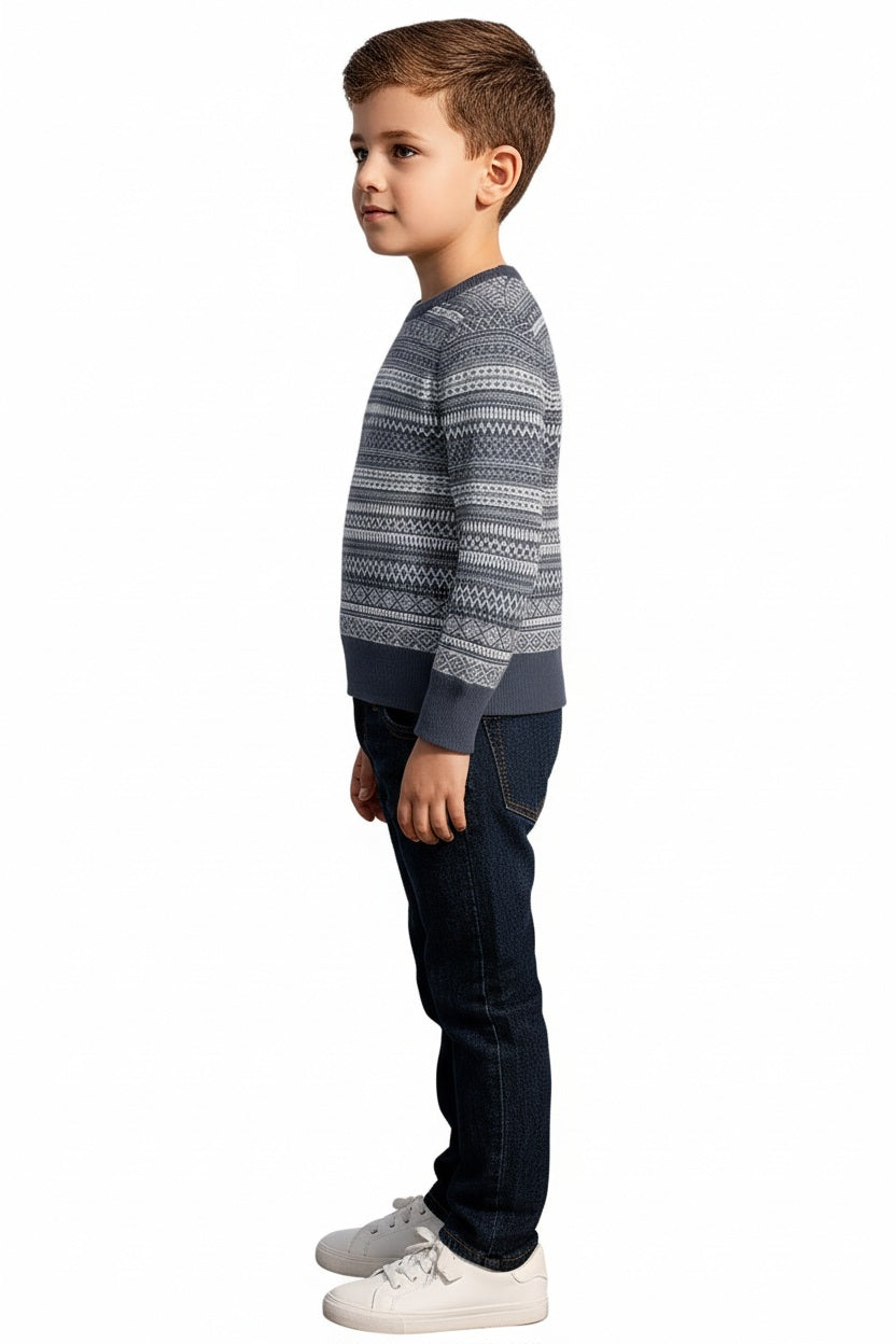 Boys Round Neck Striped Pullover Sweater