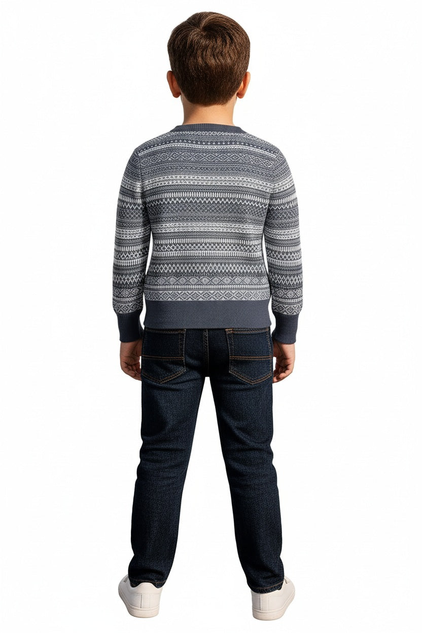 Boys Round Neck Striped Pullover Sweater