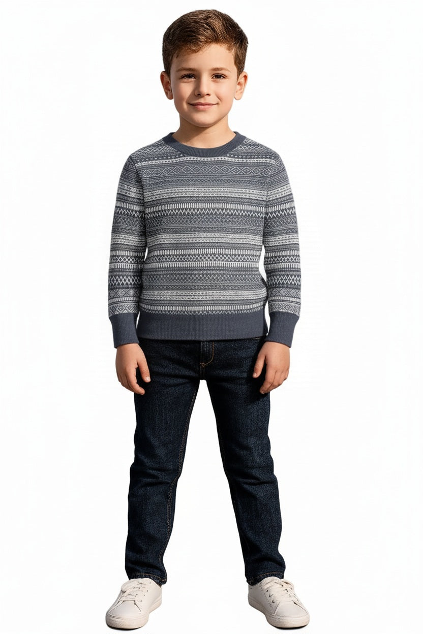 Boys Round Neck Striped Pullover Sweater
