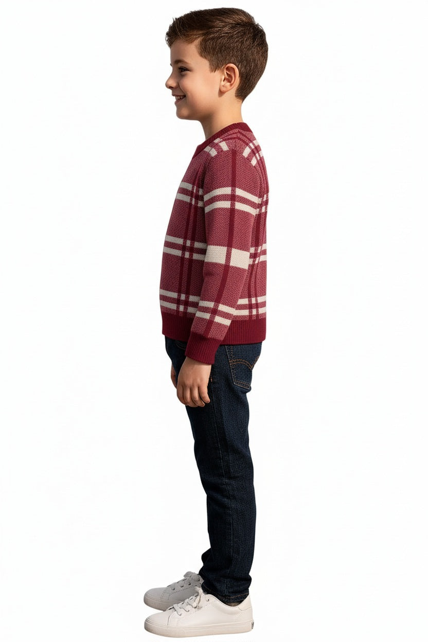 Boys Round Neck Checked Striped Pullover Sweater
