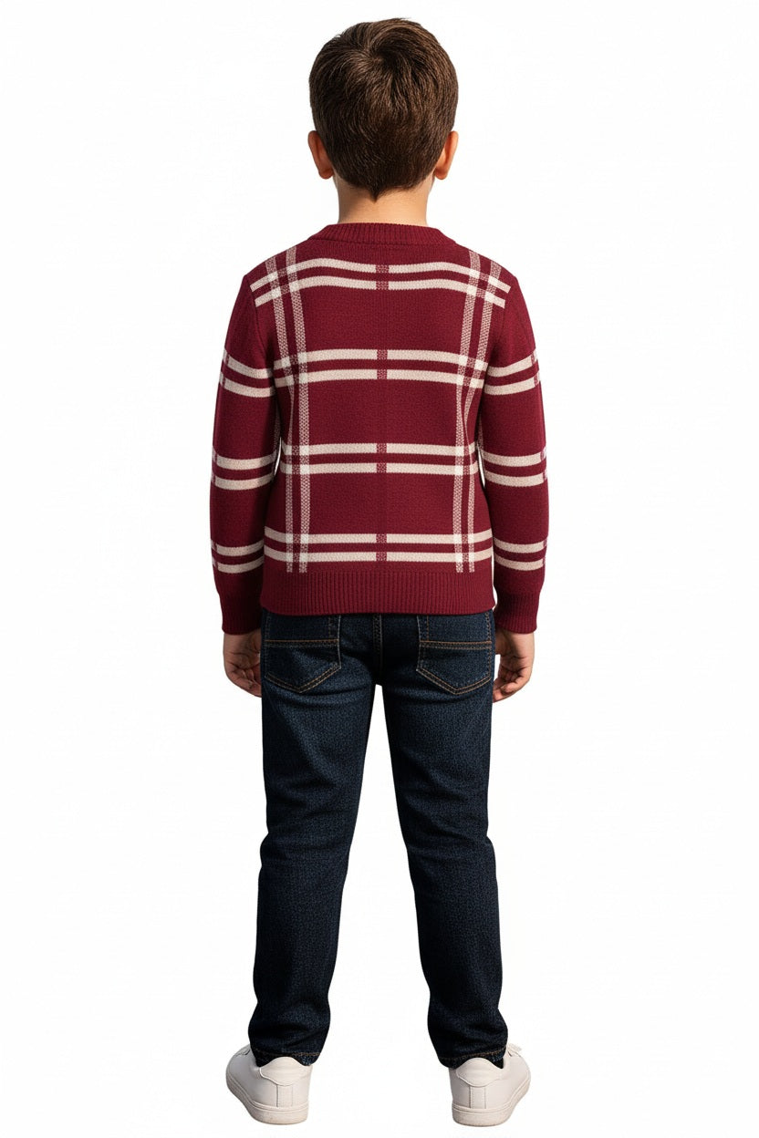 Boys Round Neck Checked Striped Pullover Sweater
