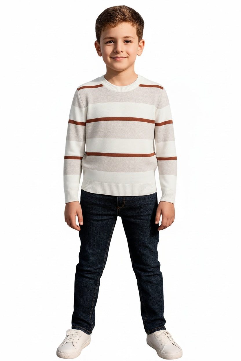 Boys Round Neck Striped Pullover Sweater