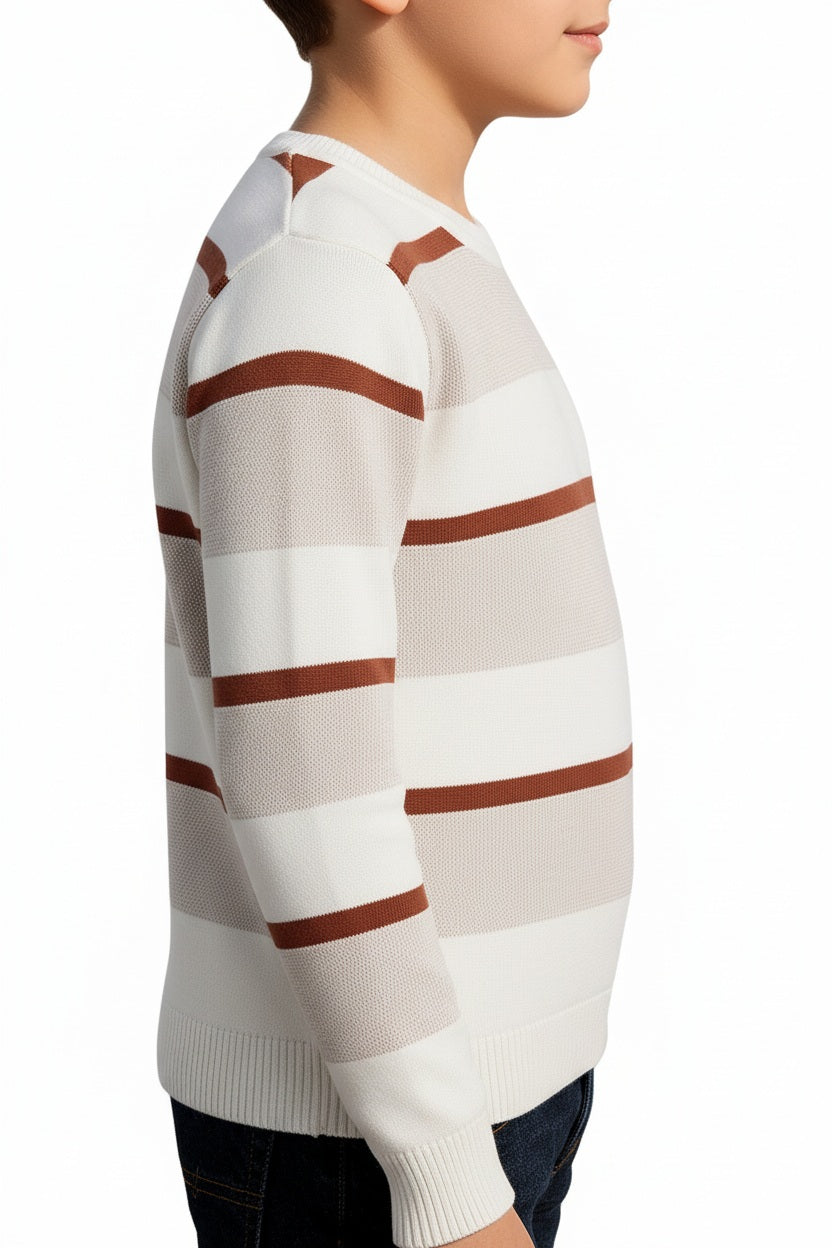 Boys Round Neck Striped Pullover Sweater