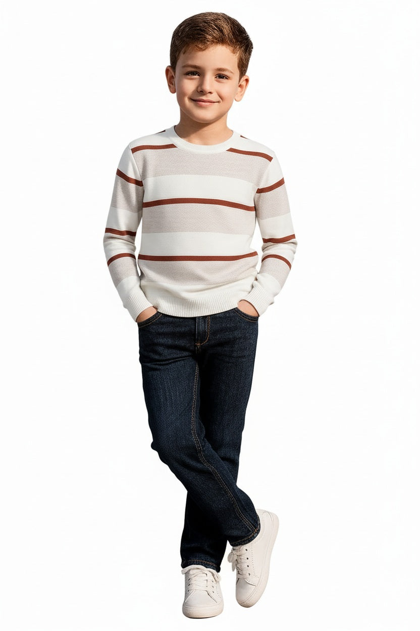 Boys Round Neck Striped Pullover Sweater