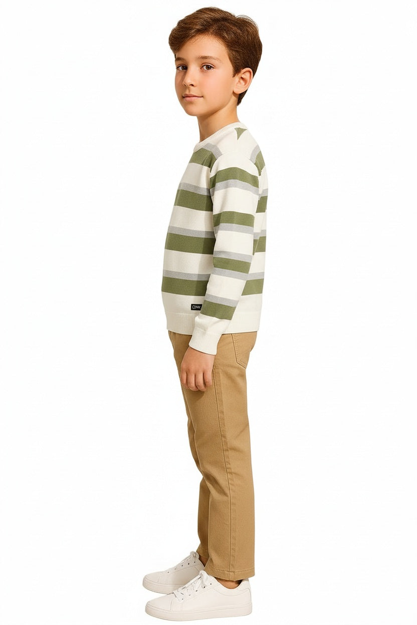 Boys Round Neck Striped Pullover Sweater