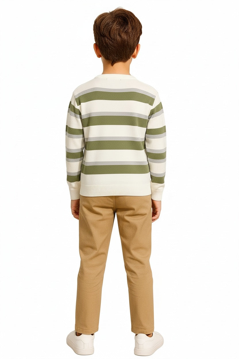 Boys Round Neck Striped Pullover Sweater