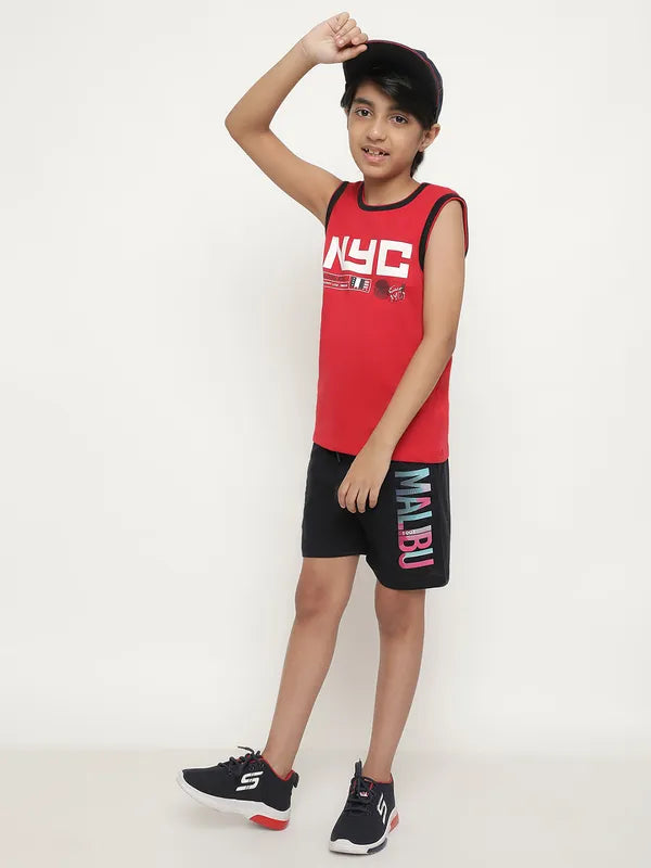 Octave Boys Typography Printed Mid Rise Knitted Cotton Sports Shorts