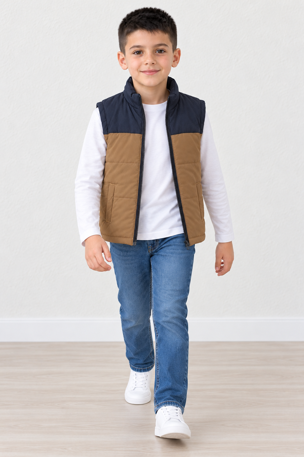 Junior Boys’ Woven Quilted Full-Zip Gilet – Navy