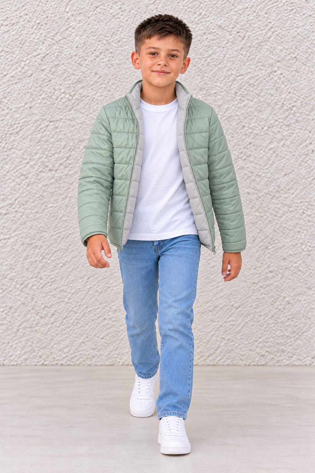 Junior Boy Mint & Stone Reversible Puffer Jacket – Quilted Woven Full-Zip Jacket