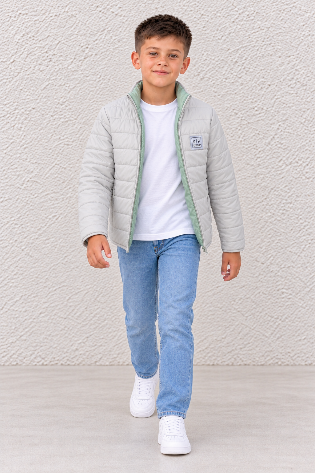 Junior Boy Mint & Stone Reversible Puffer Jacket – Quilted Woven Full-Zip Jacket