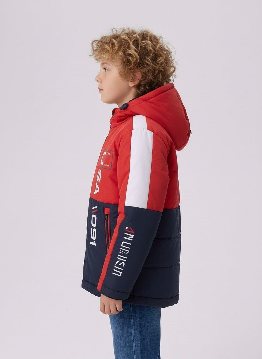 Boys Typography Colourblocked Puffer Jacket