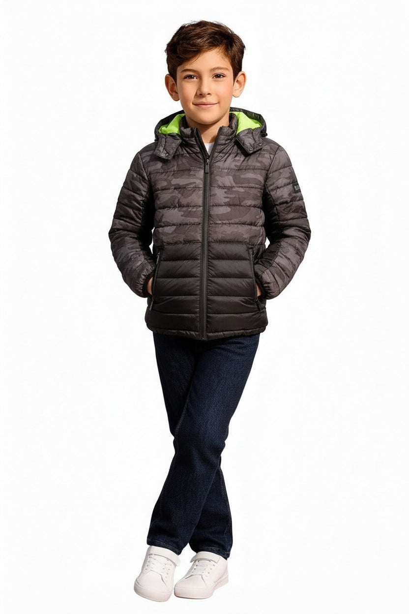 Boys Camouflage Colourblocked Lightweight Puffer Jacket