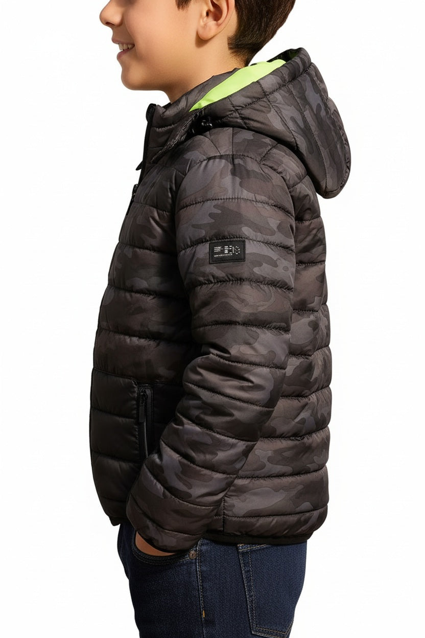 Boys Camouflage Colourblocked Lightweight Puffer Jacket