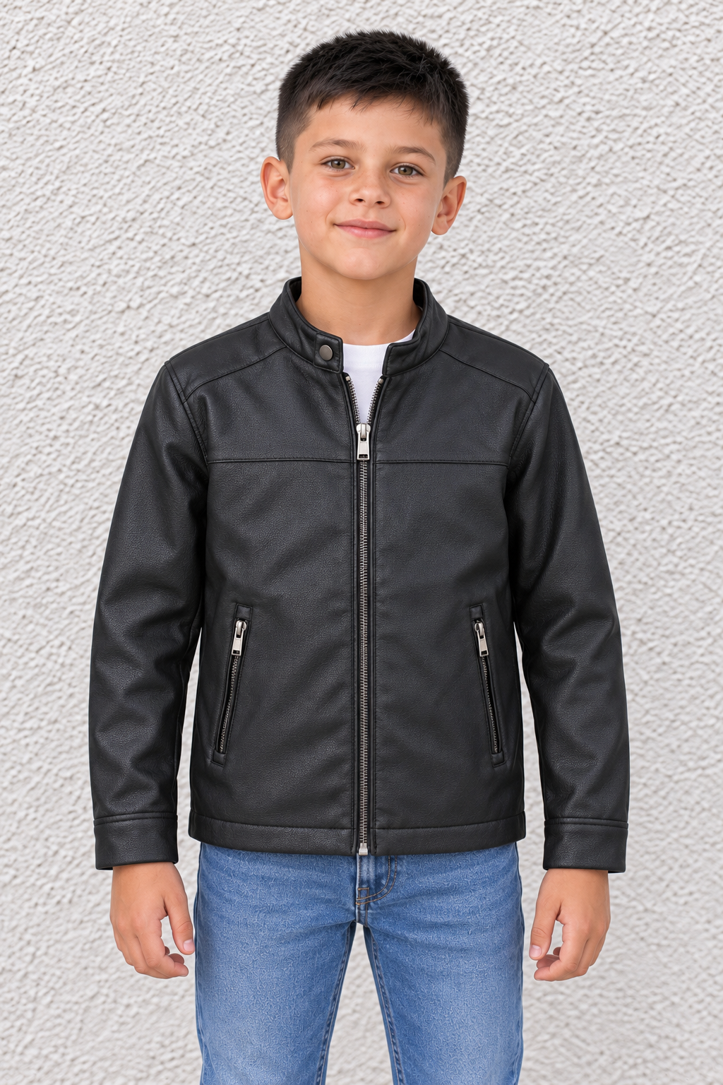 Junior Boy Black Faux Leather Jacket – Full-Zip Jacket with Stand Collar and Zip Pockets