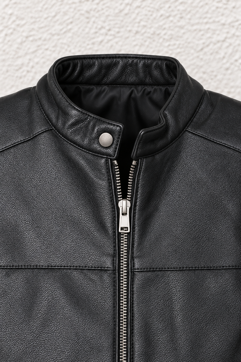 Junior Boy Black Faux Leather Jacket – Full-Zip Jacket with Stand Collar and Zip Pockets
