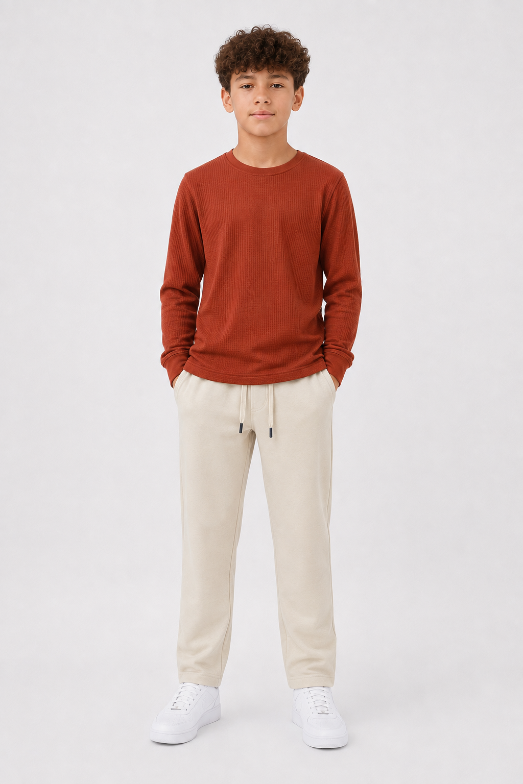 Junior Boys Rust Seersucker Full Sleeve Pre-Winter T-Shirt – Regular Fit Round Neck