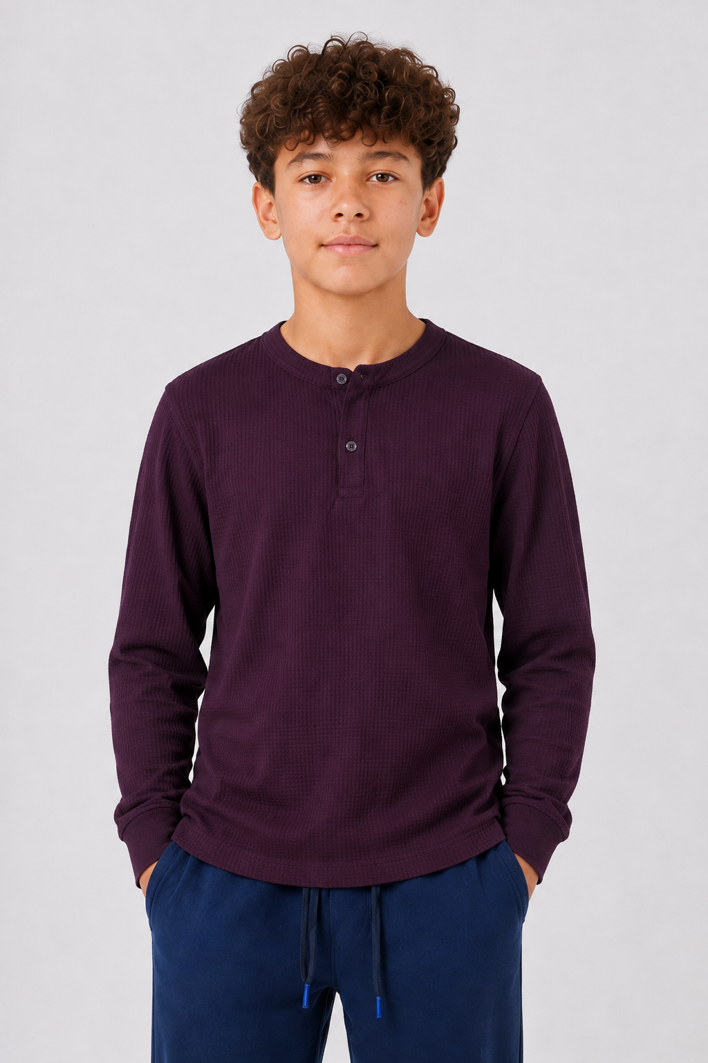 Junior Boys Wine Seersucker Henley Collar Full Sleeve Pre-Winter T-Shirt – Regular Fit