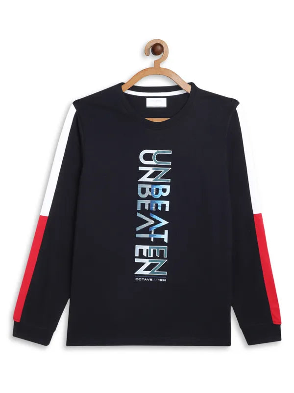 Octave Boys Black Typography Printed Applique Long Sleeve T-Shirt