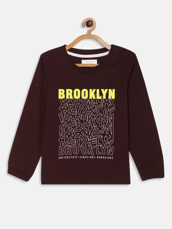 Octave Boys Maroon Typography Printed Cotton T-Shirt