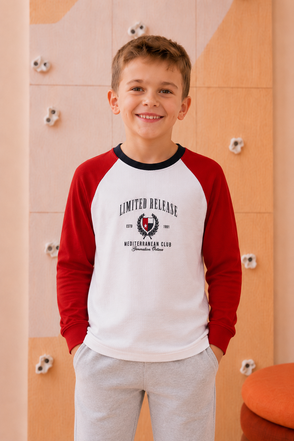 Junior Boys Brick Cotton Seer Sucker Full Sleeve Pre-Winter T-Shirt – Regular Fit Graphic Round Neck Tee